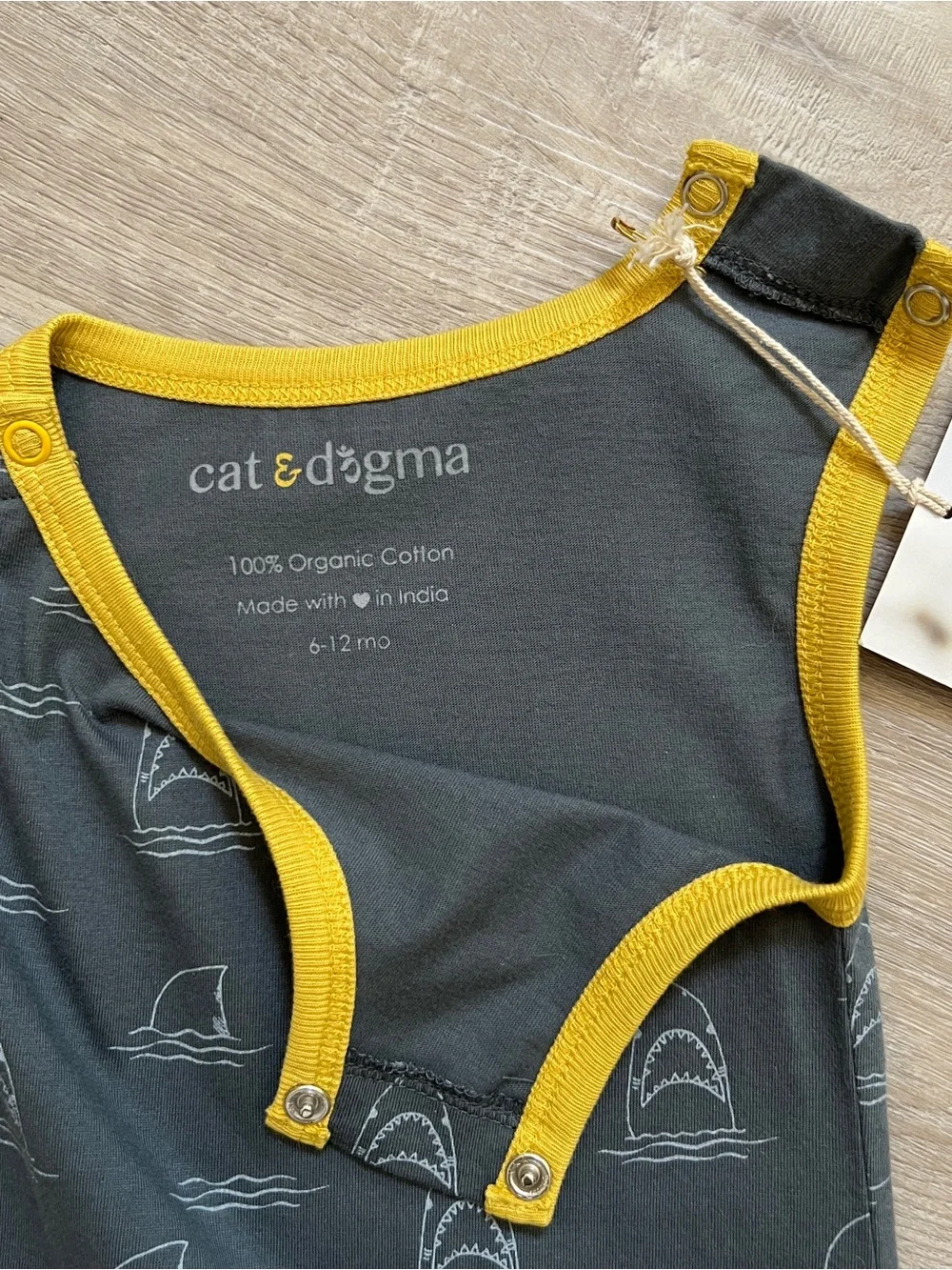 Cat & Dogma Shark Print Jumper Romper 6-12M Organic Cotton Gray Knee Patch